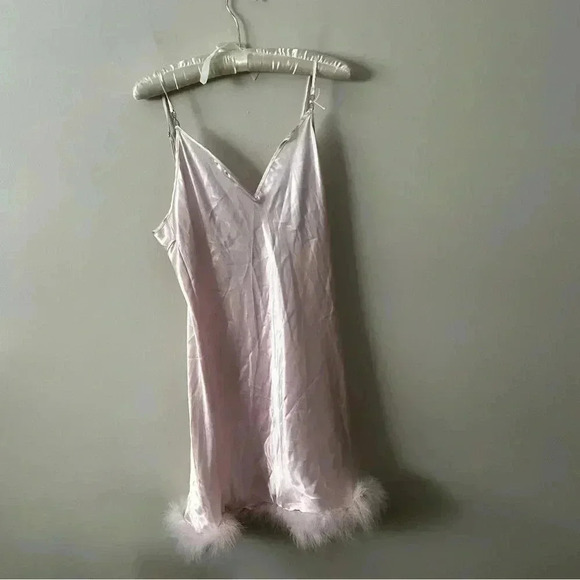 NWOT INBLOOM Hope Marabou-Trim Satin Chemise in pale pink XL - Picture 6 of 9